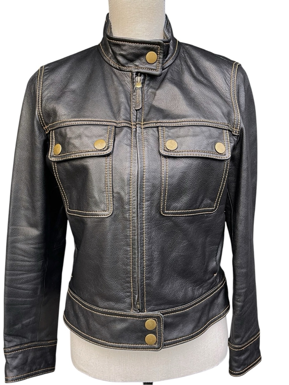 Reaction Kenneth Cole Black Contrast Stitching Leather Moto Jacket (S/M)